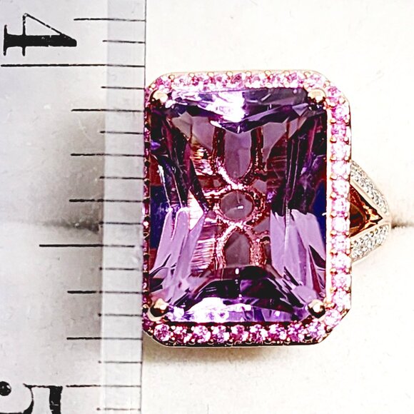 Premium Rose de France Amethyst, Pink Sapphire & Zircon ring in RG over 925SS s8 - Picture 3 of 6
